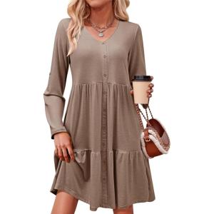 imageDokotoo Fall Dresses for Women 2025 V Neck Button Up Long Sleeve Empire Waist Ruffle Tiered Mini Dress with PocketsElmwood