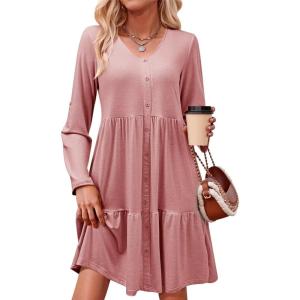 imageDokotoo Fall Dresses for Women 2025 V Neck Button Up Long Sleeve Empire Waist Ruffle Tiered Mini Dress with PocketsGossamer Pink