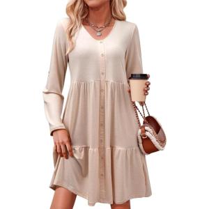 imageDokotoo Fall Dresses for Women 2025 V Neck Button Up Long Sleeve Empire Waist Ruffle Tiered Mini Dress with PocketsOatmeal