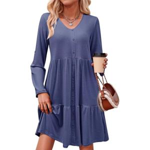 imageDokotoo Fall Dresses for Women 2025 V Neck Button Up Long Sleeve Empire Waist Ruffle Tiered Mini Dress with PocketsSail Blue