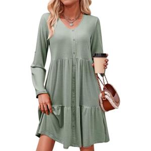 imageDokotoo Fall Dresses for Women 2025 V Neck Button Up Long Sleeve Empire Waist Ruffle Tiered Mini Dress with PocketsSmoke Green