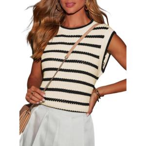 imageDokotoo Tank Top for Women 2025 Striped Casual Crewneck Sleeveless Lightweight Sweater Vest Knit Summer ClothesBlack Stripe