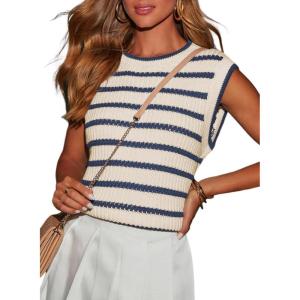 imageDokotoo Tank Top for Women 2025 Striped Casual Crewneck Sleeveless Lightweight Sweater Vest Knit Summer ClothesBlue Stripe
