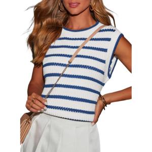 imageDokotoo Tank Top for Women 2025 Striped Casual Crewneck Sleeveless Lightweight Sweater Vest Knit Summer ClothesNavy Stripe