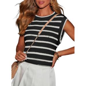 imageDokotoo Tank Top for Women 2025 Striped Casual Crewneck Sleeveless Lightweight Sweater Vest Knit Summer ClothesWhite Stripe