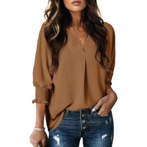 imageDokotoo Women Blouses Dressy Casual V Neck 34 Length Sleeve Womens Tops Business Work Blouses Office ShirtsCamel