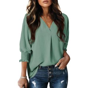 imageDokotoo Women Blouses Dressy Casual V Neck 34 Length Sleeve Womens Tops Business Work Blouses Office ShirtsMint Green