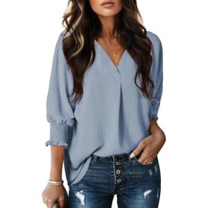 imageDokotoo Women Blouses Dressy Casual V Neck 34 Length Sleeve Womens Tops Business Work Blouses Office ShirtsMyosotis