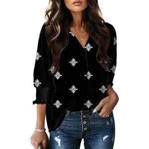 imageDokotoo Women Blouses Dressy Casual V Neck 34 Length Sleeve Womens Tops Business Work Blouses Office ShirtsPrinted Black