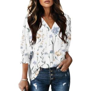imageDokotoo Women Blouses Dressy Casual V Neck 34 Length Sleeve Womens Tops Business Work Blouses Office ShirtsPrinted White
