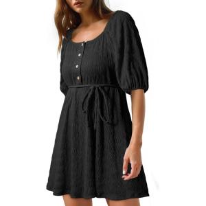 imageDokotoo Women Summer Dresses 2026 Square Neck Tie Waist Button Short Sleeve Pleated Ruffle Causal DressesBlack