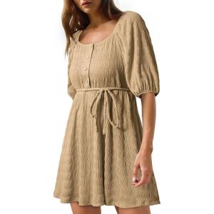 imageDokotoo Women Summer Dresses 2026 Square Neck Tie Waist Button Short Sleeve Pleated Ruffle Causal DressesKhaki