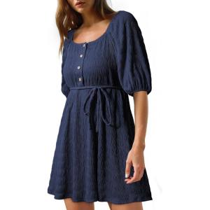 imageDokotoo Women Summer Dresses 2026 Square Neck Tie Waist Button Short Sleeve Pleated Ruffle Causal DressesNavy Blue