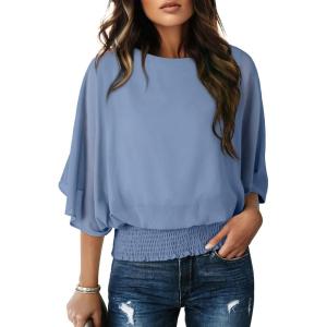 imageDokotoo Womens Blouses Dressy Casual Boat Neck Flowy Chiffon Blouses Poncho Batwing TopsBeau Blue