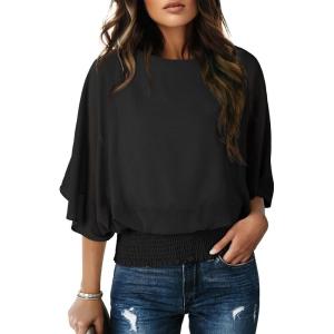 imageDokotoo Womens Blouses Dressy Casual Boat Neck Flowy Chiffon Blouses Poncho Batwing TopsBlack