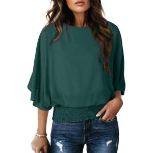 imageDokotoo Womens Blouses Dressy Casual Boat Neck Flowy Chiffon Blouses Poncho Batwing TopsBlackish Green