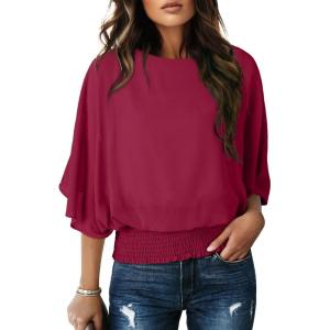 imageDokotoo Womens Blouses Dressy Casual Boat Neck Flowy Chiffon Blouses Poncho Batwing TopsRed Dahlia