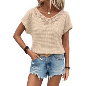 imageDokotoo Womens Casual 2026 Waffle Knit Hollow Out Lace Tops Short Sleeve V Neck Loose Fit Shirts BlousesApricot