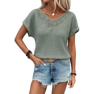 imageDokotoo Womens Casual 2026 Waffle Knit Hollow Out Lace Tops Short Sleeve V Neck Loose Fit Shirts BlousesGreen Bay