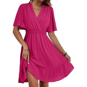 imageDokotoo Womens Dress 2025 Summer Deep V Neck Elegant Ruffle Mini Dress Waist Dresses S2XLRose Red