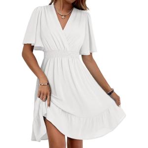 imageDokotoo Womens Dress 2025 Summer Deep V Neck Elegant Ruffle Mini Dress Waist Dresses S2XLWhite