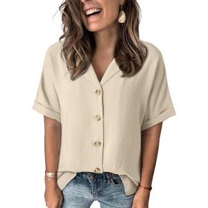 imageDokotoo Womens Dressy Casual V Neck Short Sleeve Button Down Shirts Relaxed Work Business Loose Blouses TopsBeige