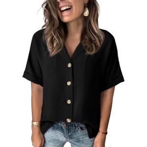 imageDokotoo Womens Dressy Casual V Neck Short Sleeve Button Down Shirts Relaxed Work Business Loose Blouses TopsBlack