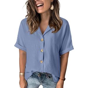 imageDokotoo Womens Dressy Casual V Neck Short Sleeve Button Down Shirts Relaxed Work Business Loose Blouses TopsDusk Blue