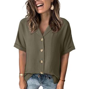 imageDokotoo Womens Dressy Casual V Neck Short Sleeve Button Down Shirts Relaxed Work Business Loose Blouses TopsGreen