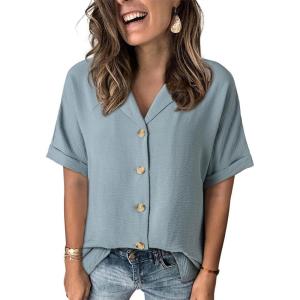 imageDokotoo Womens Dressy Casual V Neck Short Sleeve Button Down Shirts Relaxed Work Business Loose Blouses TopsHaze Blue