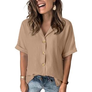 imageDokotoo Womens Dressy Casual V Neck Short Sleeve Button Down Shirts Relaxed Work Business Loose Blouses TopsKhaki