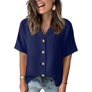 imageDokotoo Womens Dressy Casual V Neck Short Sleeve Button Down Shirts Relaxed Work Business Loose Blouses TopsNavy Blue
