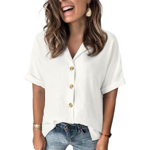 imageDokotoo Womens Dressy Casual V Neck Short Sleeve Button Down Shirts Relaxed Work Business Loose Blouses TopsWhite