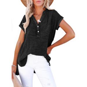 imageDokotoo Womens Summer Casual Button Short Sleeve V Neck Shirts Oversized Solid Cotton Blouses TopsBlack