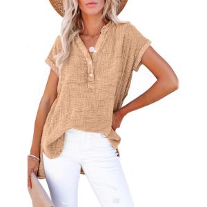 imageDokotoo Womens Summer Casual Button Short Sleeve V Neck Shirts Oversized Solid Cotton Blouses TopsLight French Beige