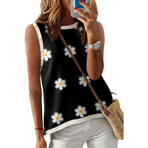 imageDokotoo Womens Summer Tops 2025 Casual Striped Color Block High Neck Tank Top Loose Knit High Low Sleeveless Shirts BlousesFloral Black
