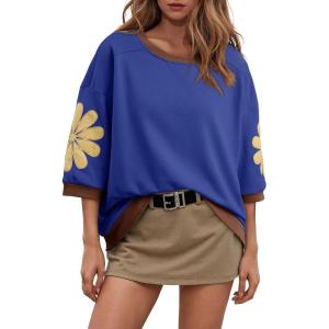 imageDokotoo Womens Tops 2026 Summer 34 Sleeve Floral Sweatshirt Casual Crew Neck Oversized Colorblock BlousesBlue