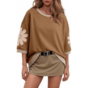 imageDokotoo Womens Tops 2026 Summer 34 Sleeve Floral Sweatshirt Casual Crew Neck Oversized Colorblock BlousesBrown