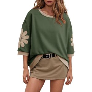 imageDokotoo Womens Tops 2026 Summer 34 Sleeve Floral Sweatshirt Casual Crew Neck Oversized Colorblock BlousesGreen