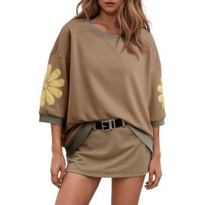 imageDokotoo Womens Tops 2026 Summer 34 Sleeve Floral Sweatshirt Casual Crew Neck Oversized Colorblock BlousesKhaki