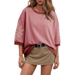 imageDokotoo Womens Tops 2026 Summer 34 Sleeve Floral Sweatshirt Casual Crew Neck Oversized Colorblock BlousesPink