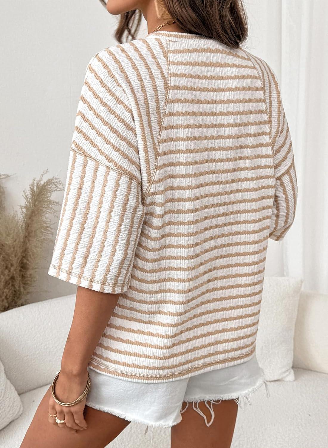 imageDokotoo Womens Summer Tops Oversized Tshirts for Women Striped Color Block Short Sleeve T Shirts Crewneck Casual Tee BlousesApricot