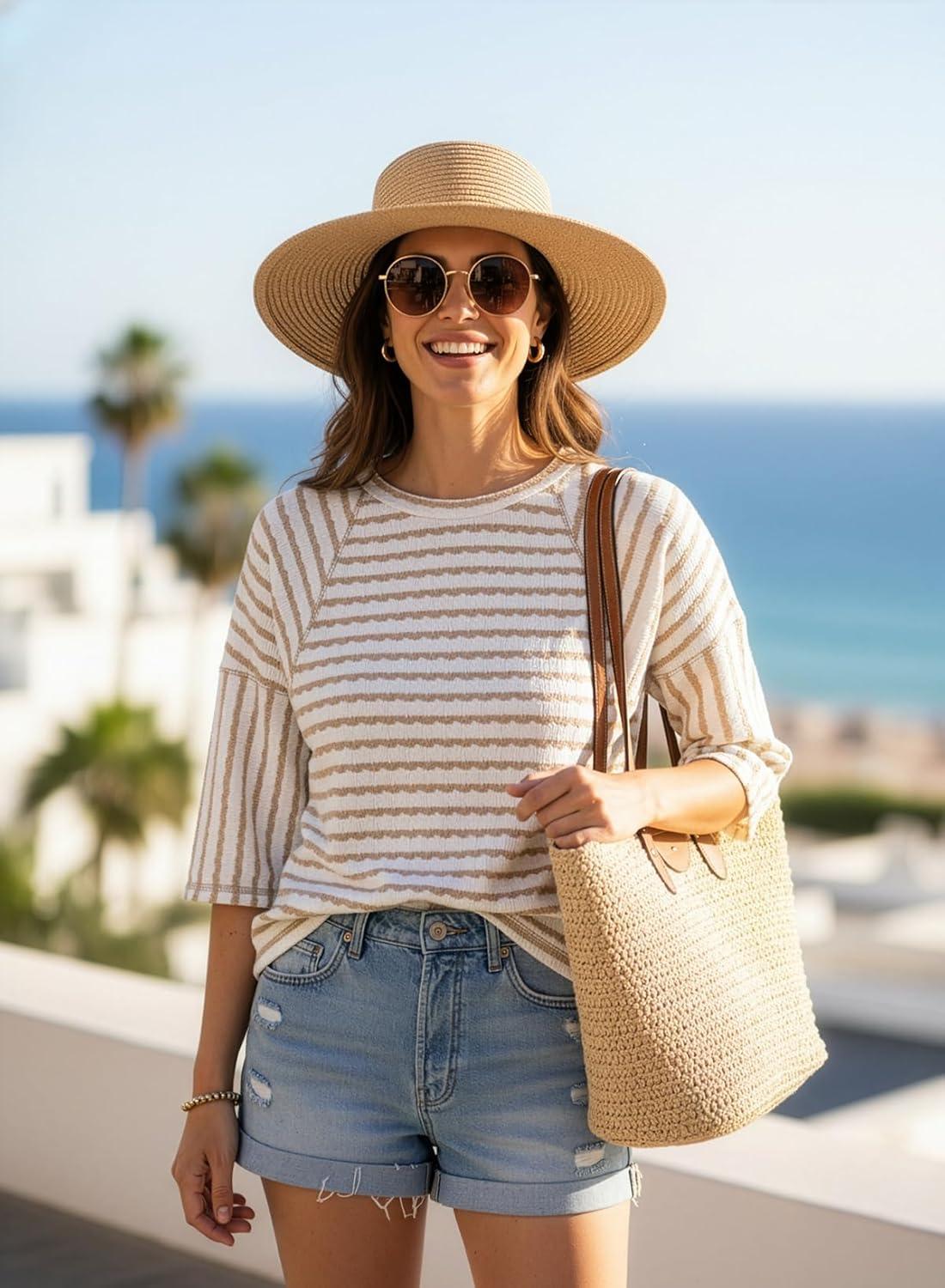 imageDokotoo Womens Summer Tops Oversized Tshirts for Women Striped Color Block Short Sleeve T Shirts Crewneck Casual Tee BlousesApricot