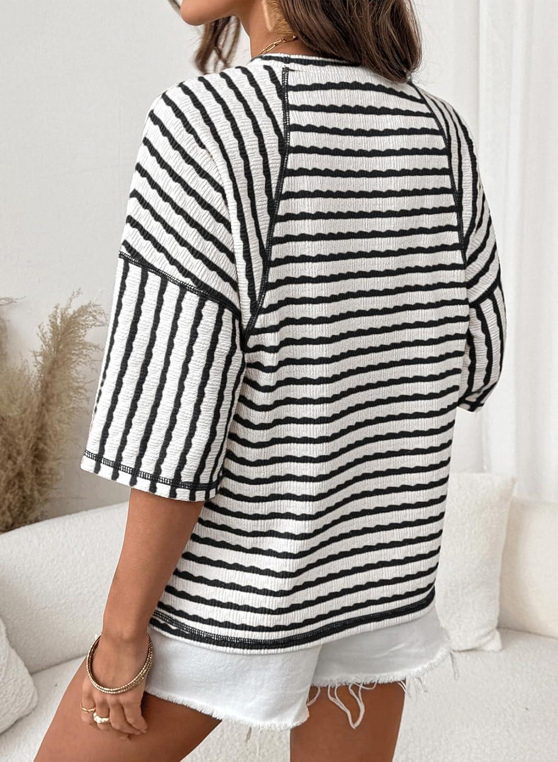 imageDokotoo Womens Summer Tops Oversized Tshirts for Women Striped Color Block Short Sleeve T Shirts Crewneck Casual Tee BlousesBlack