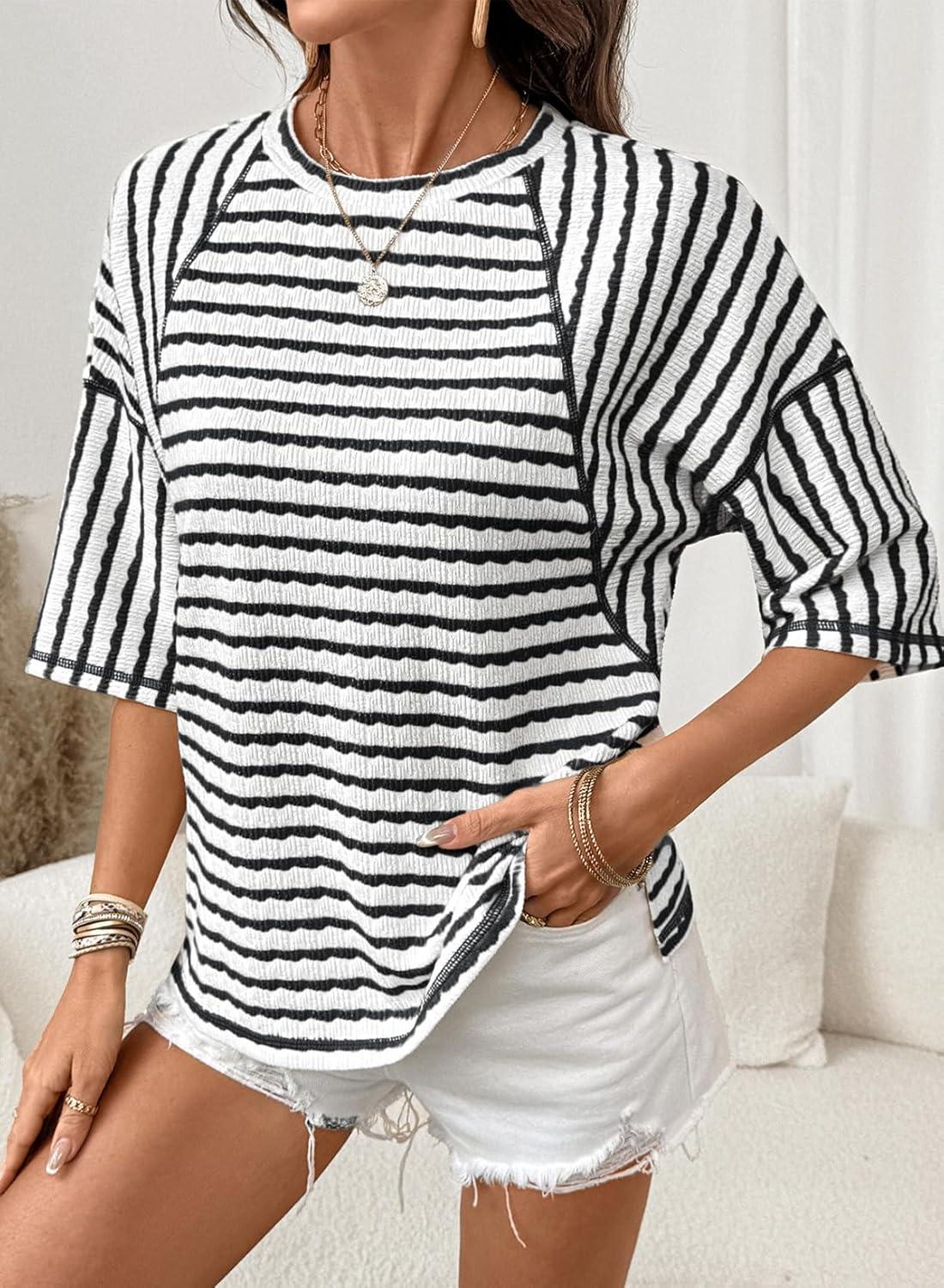 imageDokotoo Womens Summer Tops Oversized Tshirts for Women Striped Color Block Short Sleeve T Shirts Crewneck Casual Tee BlousesBlack