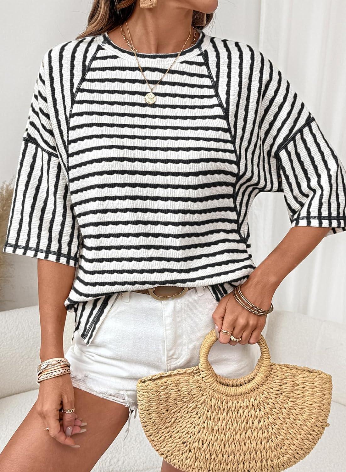 imageDokotoo Womens Summer Tops Oversized Tshirts for Women Striped Color Block Short Sleeve T Shirts Crewneck Casual Tee BlousesBlack