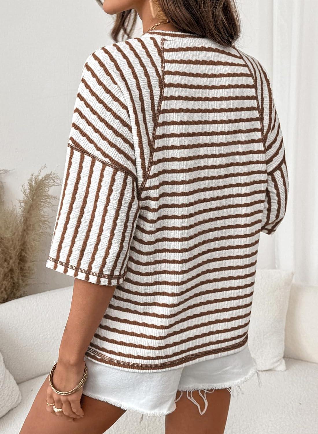imageDokotoo Womens Summer Tops Oversized Tshirts for Women Striped Color Block Short Sleeve T Shirts Crewneck Casual Tee BlousesBrown