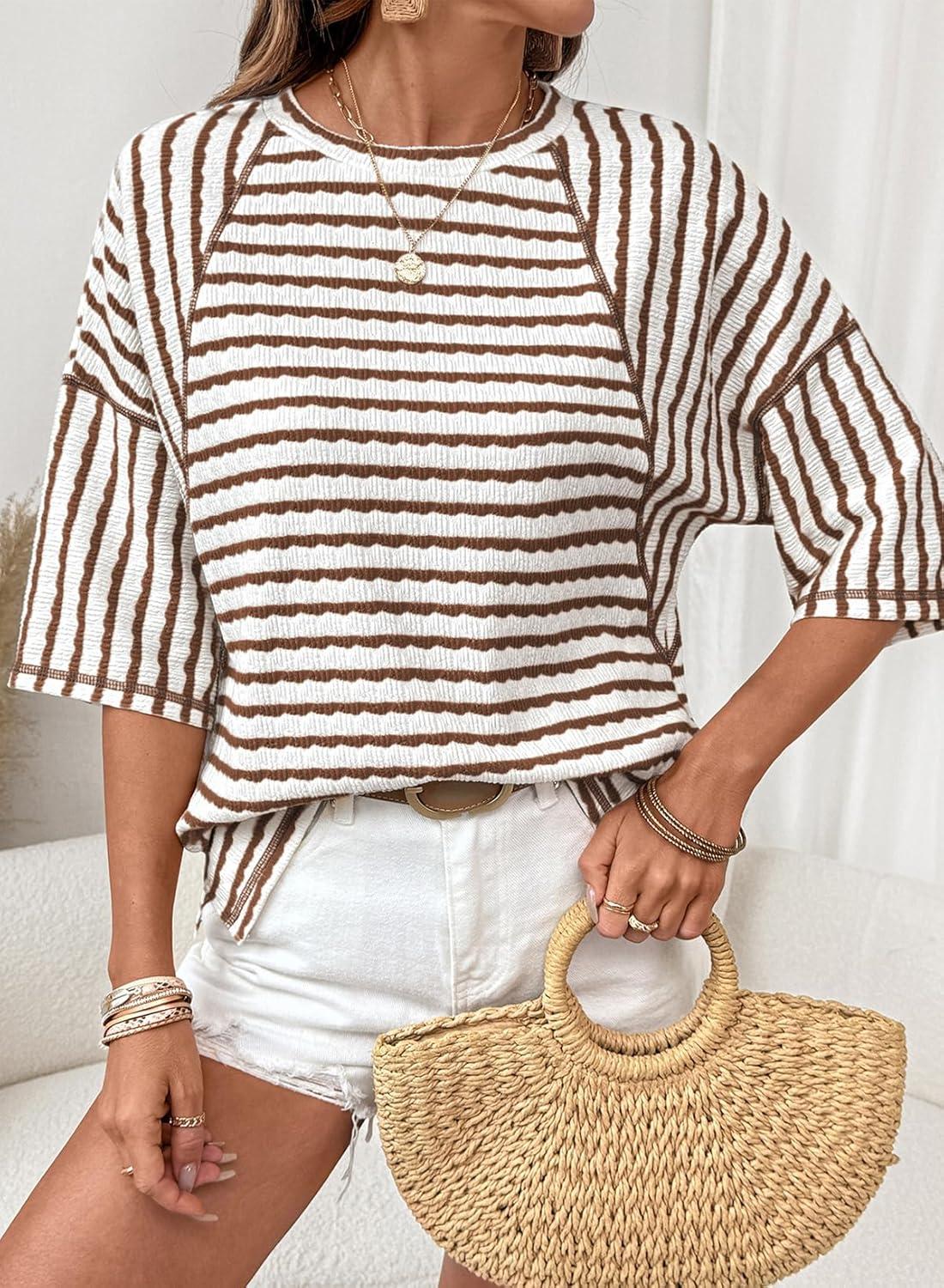 imageDokotoo Womens Summer Tops Oversized Tshirts for Women Striped Color Block Short Sleeve T Shirts Crewneck Casual Tee BlousesBrown