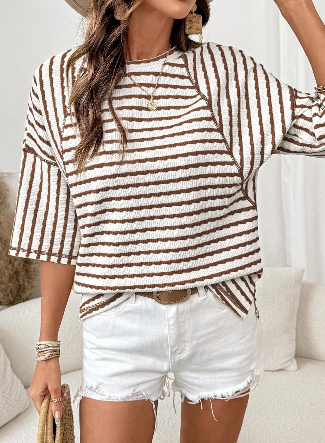imageDokotoo Womens Summer Tops Oversized Tshirts for Women Striped Color Block Short Sleeve T Shirts Crewneck Casual Tee BlousesBrown