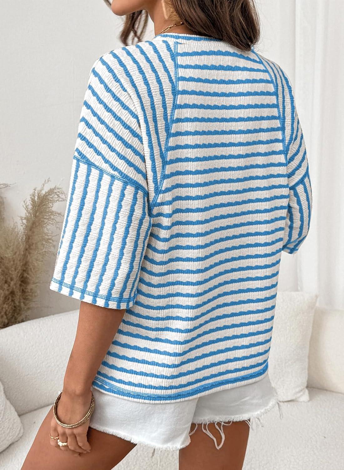 imageDokotoo Womens Summer Tops Oversized Tshirts for Women Striped Color Block Short Sleeve T Shirts Crewneck Casual Tee BlousesLight Blue
